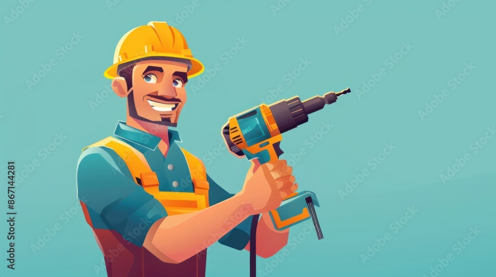 A smiling male construction worker with a power drill or drill press over the background of a spare room. A smiling male construction worker with a power drill or drill press over the background of a spare room.