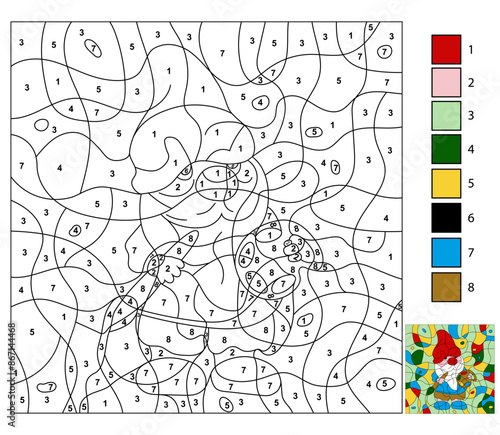 Coloring page with numbers are represented the colors among the black lines. Vector image of a cute artist dwarf is painting with brush.