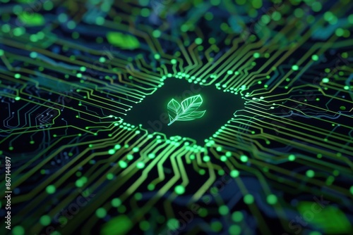 Green microchip with leaf design symbolizing eco-friendly technology and sustainable innovation in the tech industry.