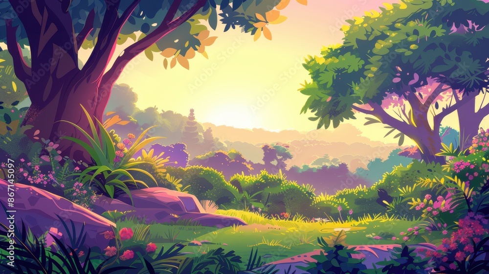 Enchanting cartoon forest landscape at sunset, with lush foliage, vibrant colors, and a peaceful atmosphere. Ideal for animation, children's books, and fantasy settings. Enchanting cartoon forest landscape at sunset, with lush foliage, vibrant colors, and a peaceful atmosphere. Ideal for animation, children's books, and fantasy settings.