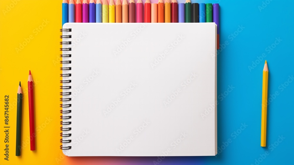 a notebook and colored pencils a notebook and colored pencils
