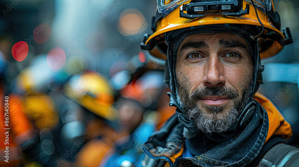A close-up of a firefighter, highlighting the emotional depth and dedication seen in his eyes. The detailed portrait emphasizes the resilience, bravery, and commitment of those in essential services A close-up of a firefighter, highlighting the emotional depth and dedication seen in his eyes. The detailed portrait emphasizes the resilience, bravery, and commitment of those in essential services