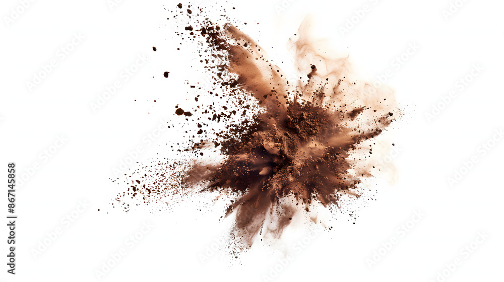 Burst of cocoa powder mixed with a hint of colored powder, creating a visually striking and dynamic scene. The explosion is set against a white background to emphasize the colors. Burst of cocoa powder mixed with a hint of colored powder, creating a visually striking and dynamic scene. The explosion is set against a white background to emphasize the colors.