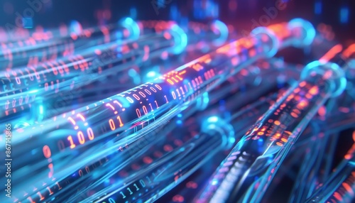 Futuristic data transmission concept with glowing digital codes, representing fast technology and modern data communication intertwined.