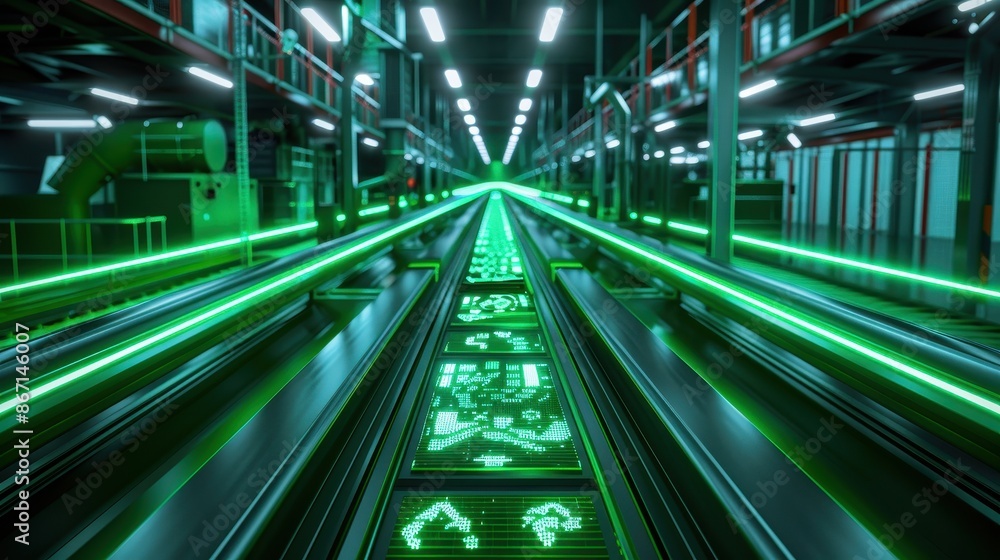 Futuristic conveyor belt with glowing green lights in a modern factory, representing advanced technology and automation. Futuristic conveyor belt with glowing green lights in a modern factory, representing advanced technology and automation.