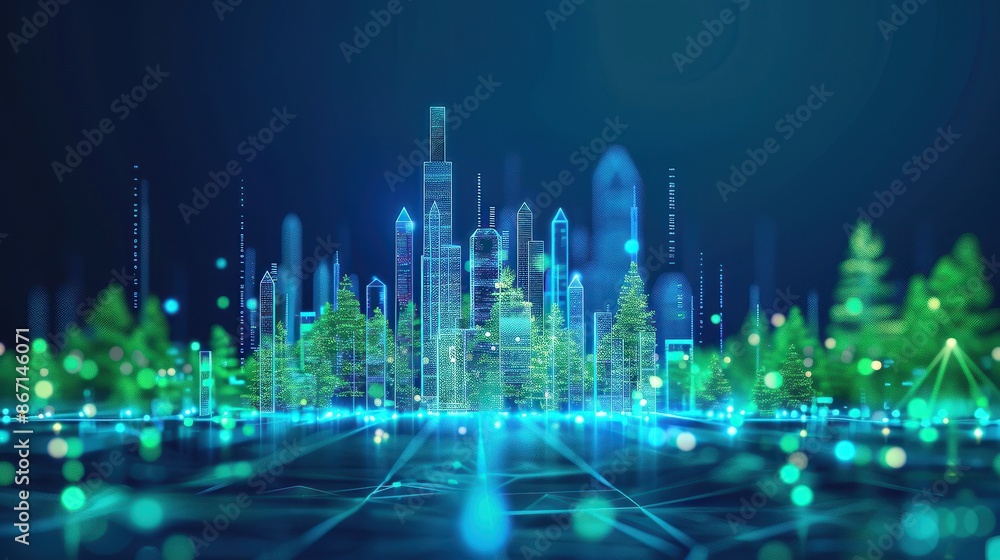 Obraz premium Futuristic cityscape with digital elements, neon lights, and skyscrapers, representing technology, innovation, and connectivity.