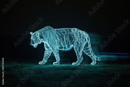 Digital wireframe of a tiger in neon light against a dark background, creating a futuristic and artistic visual effect. © PrusarooYakk