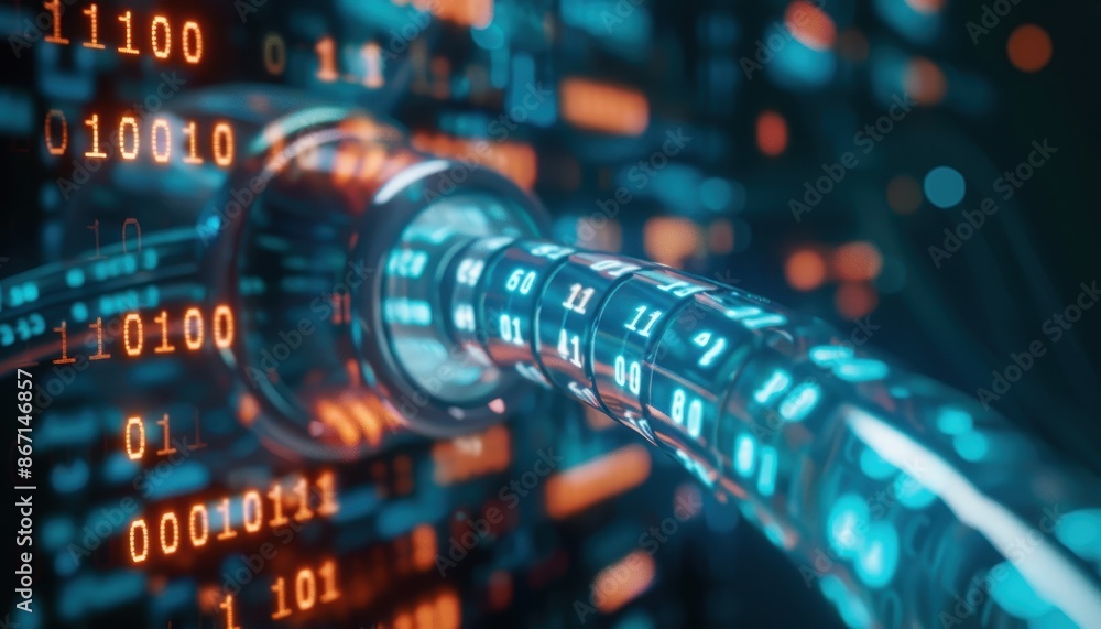 Digital data cables with binary code representing high-speed internet connection and data transfer in a modern technological setting. Digital data cables with binary code representing high-speed internet connection and data transfer in a modern technological setting.