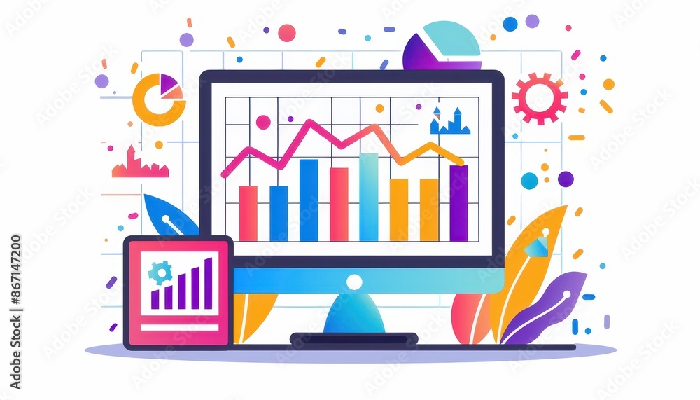 Colorful data analysis on a computer screen and tablet, illustrating charts and graphs for business and finance insights. Colorful data analysis on a computer screen and tablet, illustrating charts and graphs for business and finance insights.