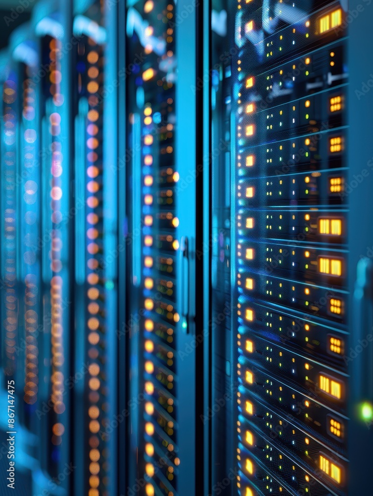 Close-up view of a modern data center with bright lights and rows of servers, showcasing data storage and technology infrastructure. Close-up view of a modern data center with bright lights and rows of servers, showcasing data storage and technology infrastructure.