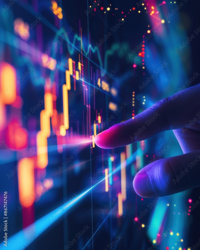 Close-up view of a hand pointing at a digital financial chart with colorful graphs and statistics, representing data analysis. Close-up view of a hand pointing at a digital financial chart with colorful graphs and statistics, representing data analysis.