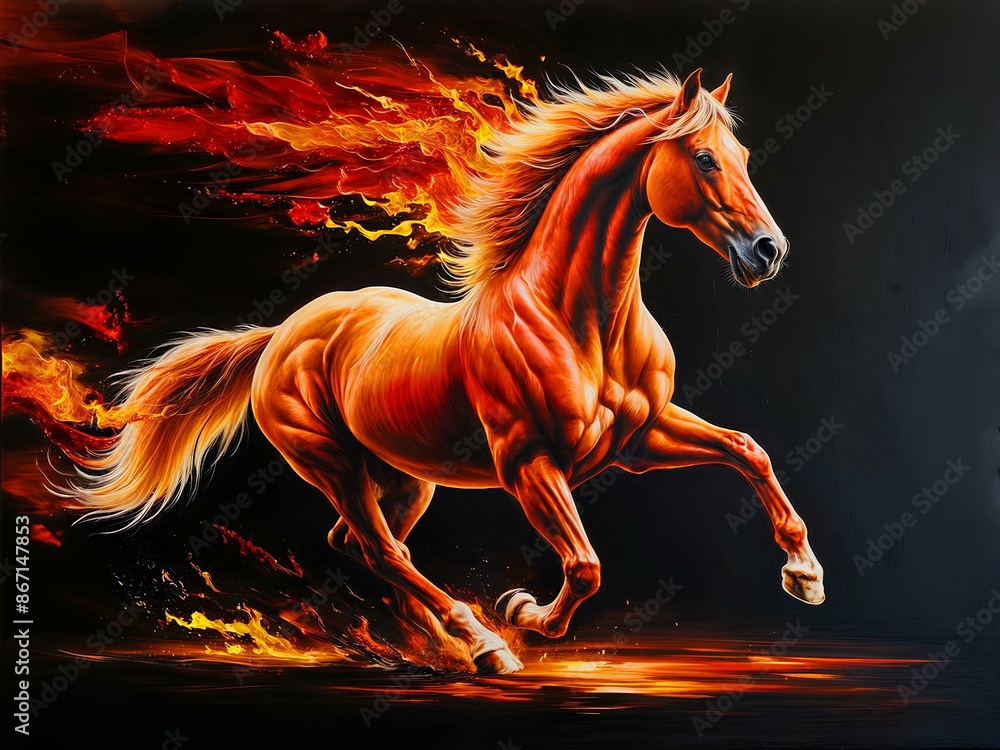 a mesmerizing oil painting of a solitary, majestic fire horse in full gallop