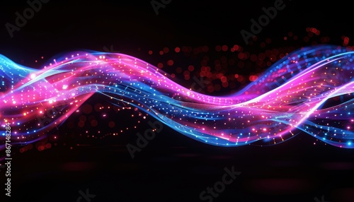 Abstract image of colorful light waves on a dark background, showcasing vibrant neon colors and dynamic flowing patterns. photo