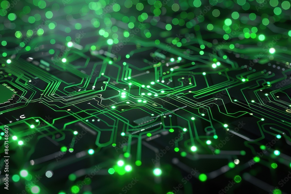 Obraz premium Abstract green and black circuit board with glowing lights, representing technology, connection, and digital data.