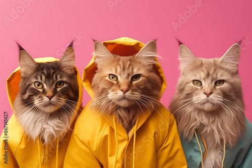 Creative animal concept. Gang family of Maine Coon cat kitty kitten in vibrant bright fashionable outfits, commercial, editorial advertisement, surreal surrealism. Group shot	