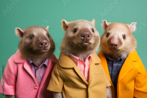 Creative animal concept. Gang family of wombat in vibrant bright fashionable outfits, commercial, editorial advertisement, surreal surrealism. Group shot	