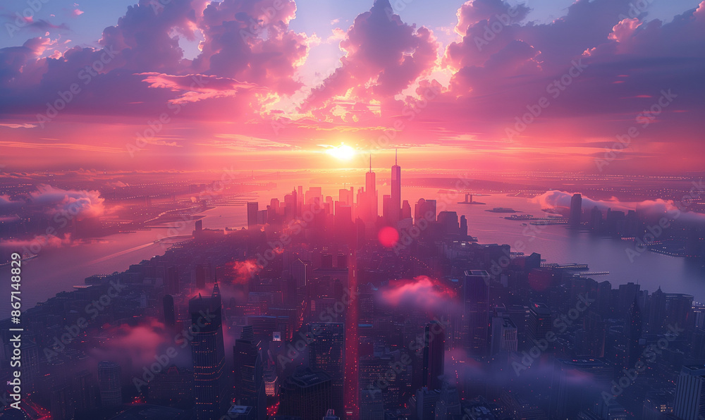 Obraz premium Urban Dreamscape: Majestic Skyscrapers in Mist with Golden Sunlight