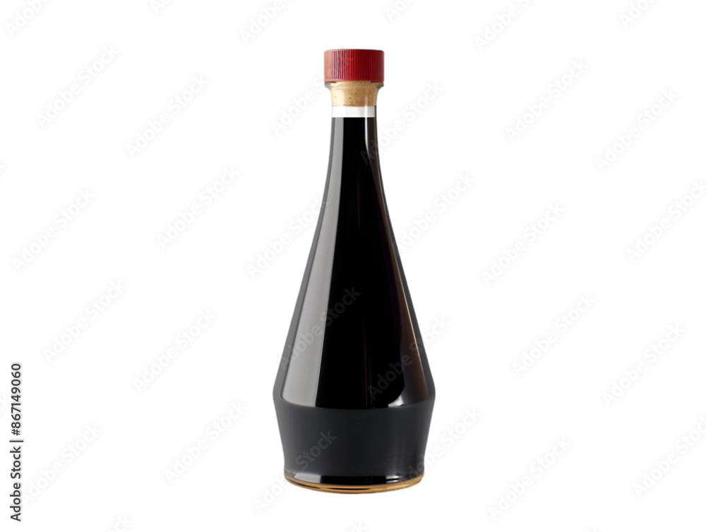 Elegant glass bottle with dark liquid, sealed with a cork and red cap, perfect for storing and serving various liquid products. Elegant glass bottle with dark liquid, sealed with a cork and red cap, perfect for storing and serving various liquid products.