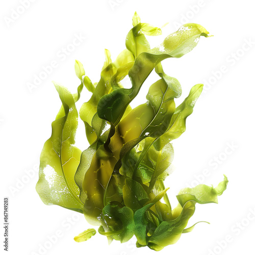 Lush green seaweed floating in clear water, depicting a natural underwater environment with vibrant marine flora.