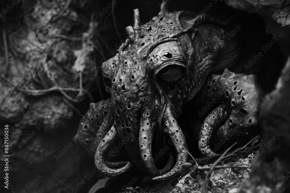 Monstrous octopus-like creature lurking in a dark cave with textured, organic skin Monstrous octopus-like creature lurking in a dark cave with textured, organic skin
