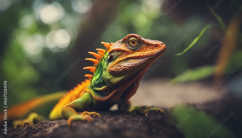 A vibrant lizard with bright orange and green coloring sits atop a bed of leaves. It looks up at the camera, seemingly posing for a photo. A vibrant lizard with bright orange and green coloring sits atop a bed of leaves. It looks up at the camera, seemingly posing for a photo.