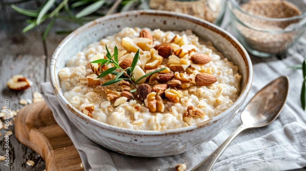 A warm and comforting bowl of oatmeal topped with toasted nuts and dried fruits foraged from the mountains. A warm and comforting bowl of oatmeal topped with toasted nuts and dried fruits foraged from the mountains.
