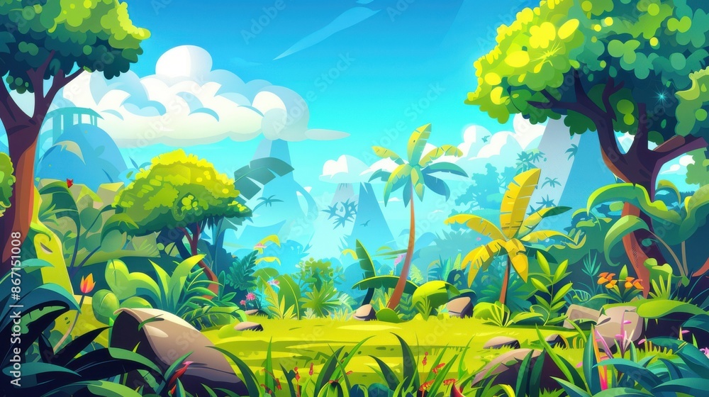 Obraz premium Cartoon jungle landscape with lush green trees, exotic plants, mountains, and blue sky. Ideal for game background, animation, or children's book illustration.