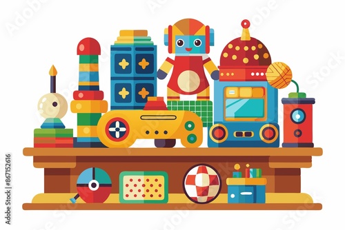games, vintage, toys, Collection of vintage toys and games on wooden table, set against pure white background, evoking sense of nostalgia