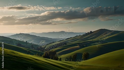 Beautiful summer mountain rural landscape; Panorama of summer green field with dirt road and Sunset cloudy sky.