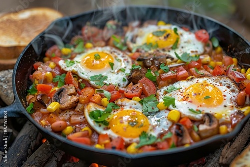 Sunny side up eggs cooking in a cast iron pan with peppers, onions, beans and mushrooms over a campfire
