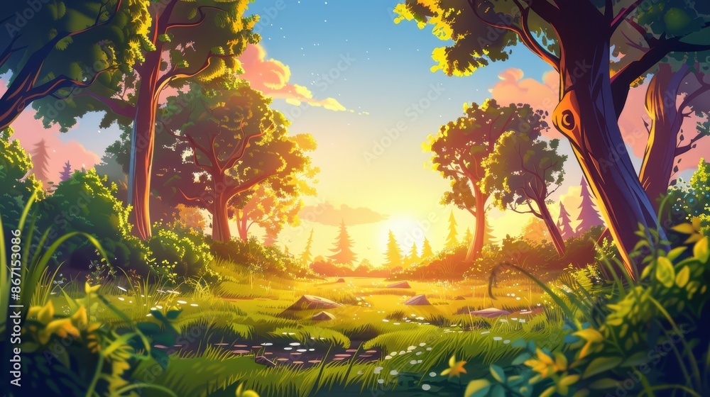 Naklejka premium Beautiful sunrise in a green forest. Concept of nature, tranquility, and serenity.