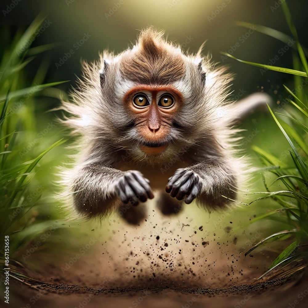 Fototapeta premium High-speed photography of a monkey running fast in the tall grass, motion blur and a fast shutter speed