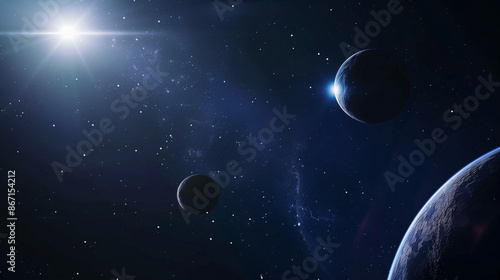Planets in deep space. Blue star eclipse. Science fiction