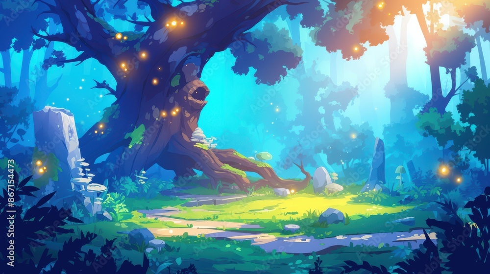 Fototapeta premium Magical Enchanted Forest with Glowing Fireflies and Sunlight, Fantasy Landscape Illustration