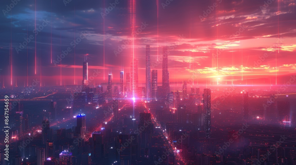 Fototapeta premium A vibrant cityscape illuminated by pulsating beams of light, where skyscrapers and futuristic buildings are interconnected by streams of glowing seamless connectivity of 5G networks 
