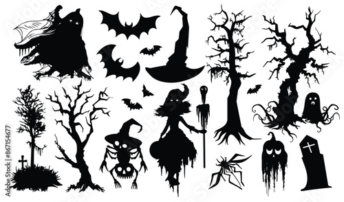 Set of 17 isolated Halloween decorations in silhouette illustration style of witch, skeleton, bat, and haunted tree on transparent background.