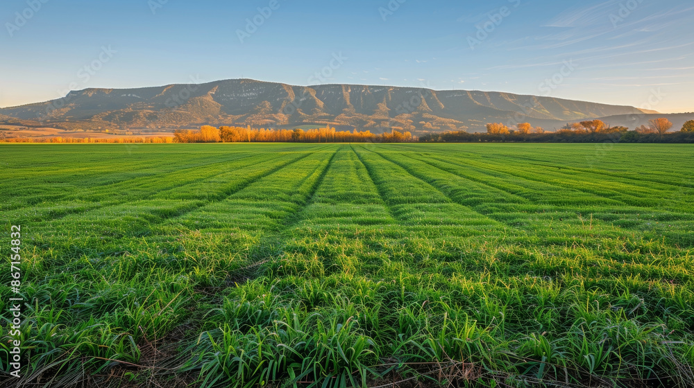Lush green field at sunrise, capturing the freshness of the morning and the beauty of nature. Lush green field at sunrise, capturing the freshness of the morning and the beauty of nature.