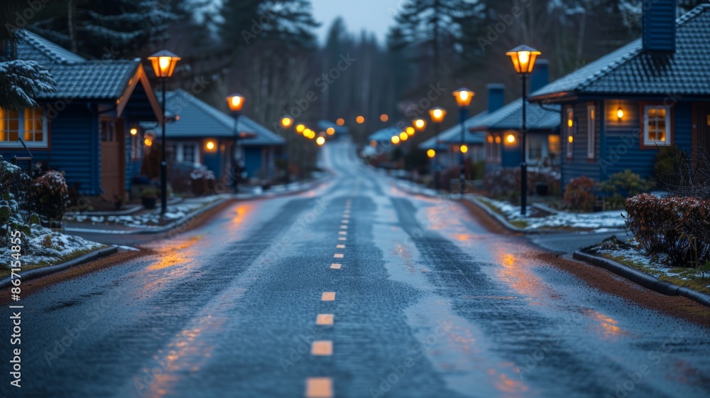 Naklejka premium Street in a winter village with houses and street lamps.
