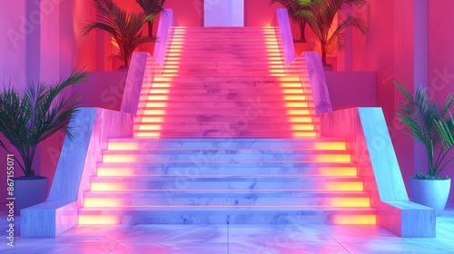 Modern staircase with vibrant pink and orange neon lights, creating a futuristic ambiance.