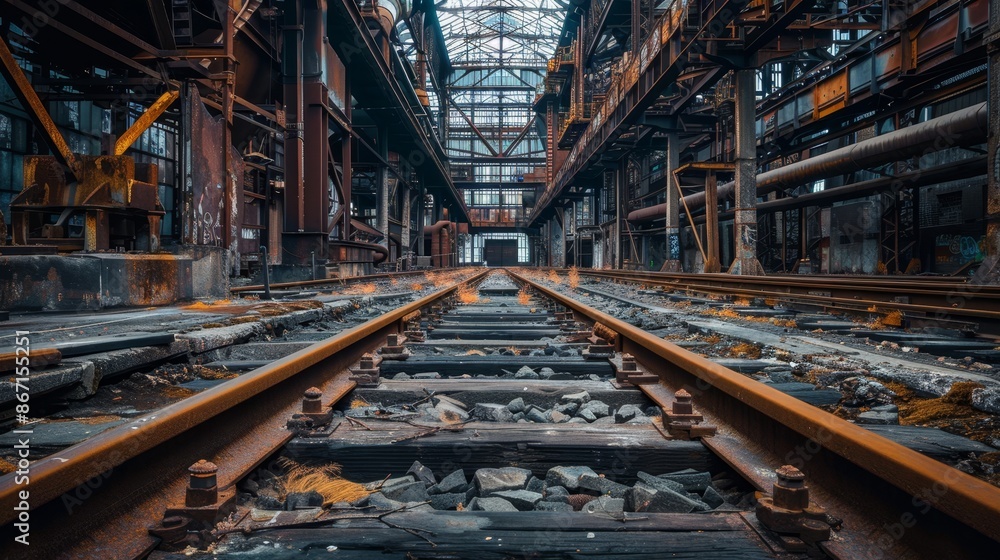 Interior of deserted industrial plant, railway tracks leading through, empty and abandoned, rust and decay, thrilling and detailed Interior of deserted industrial plant, railway tracks leading through, empty and abandoned, rust and decay, thrilling and detailed