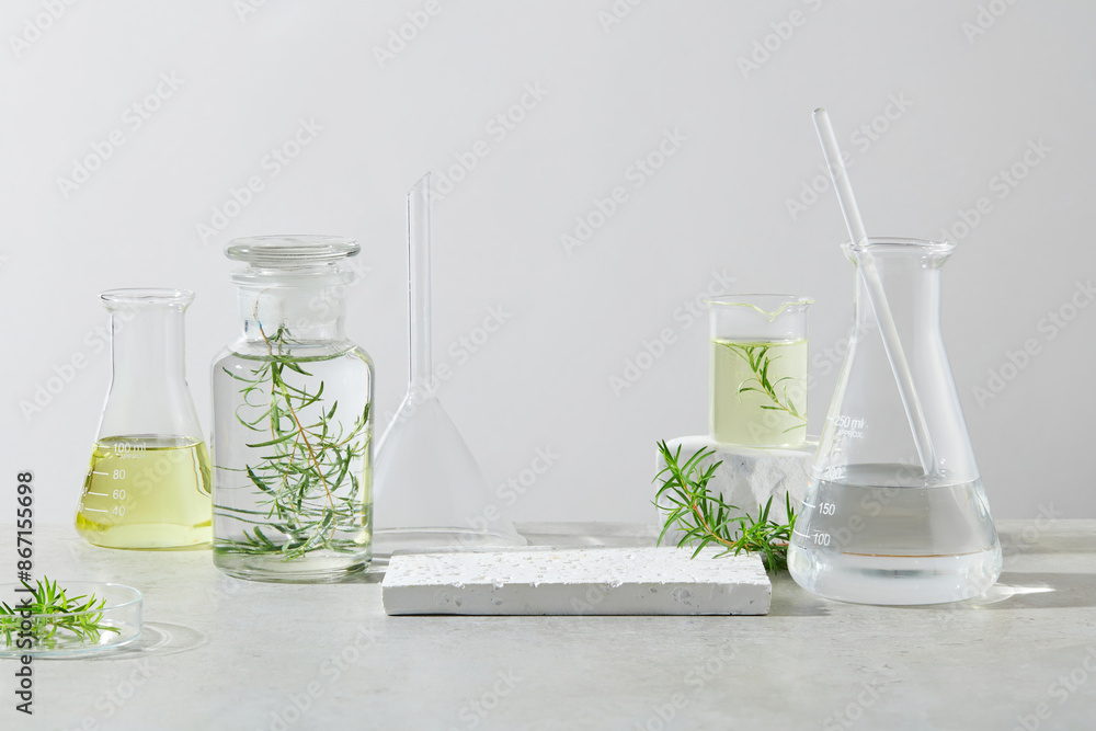Natural extract product advertising photo with empty showcase pedestal in the center, lab glassware displayed on both sides of it, contain transparent and yellow liquid. Frontal shot, copy space Natural extract product advertising photo with empty showcase pedestal in the center, lab glassware displayed on both sides of it, contain transparent and yellow liquid. Frontal shot, copy space