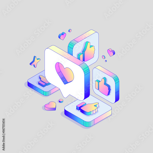 3d Like and Heart Button in different Isometric Dimension in Holographic colors. Vector illustration