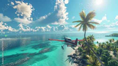 Plane above a vibrant tropical island, palm trees dotting the landscape, clear blue ocean, sunny and bright, exciting and adventurous photo