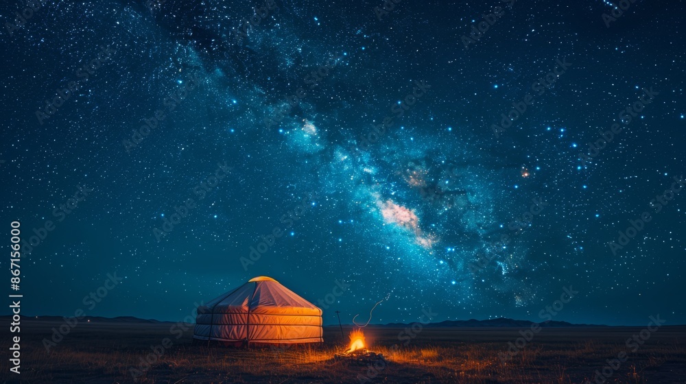 A nomadic yurt camp set against the backdrop of the Milky Way galaxy, with traditional yurts illuminated by campfires under a vast, star-studded sky A nomadic yurt camp set against the backdrop of the Milky Way galaxy, with traditional yurts illuminated by campfires under a vast, star-studded sky