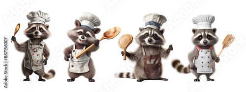 A whimsical raccoon wearing a chef's hat and holding a spoon isolated on a transparent background photo