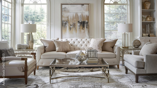 Picture a living space with transitional charm, featuring a neutral palette of warm taupe and cool ivory. 