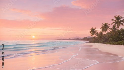 A pink and orange sunset over a sandy beach with palm trees