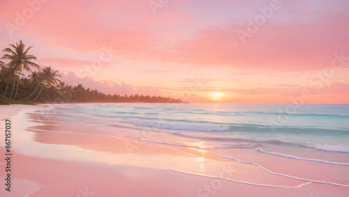 A pink and orange sunset over a sandy beach with palm trees