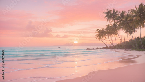 A pink and orange sunset over a sandy beach with palm trees