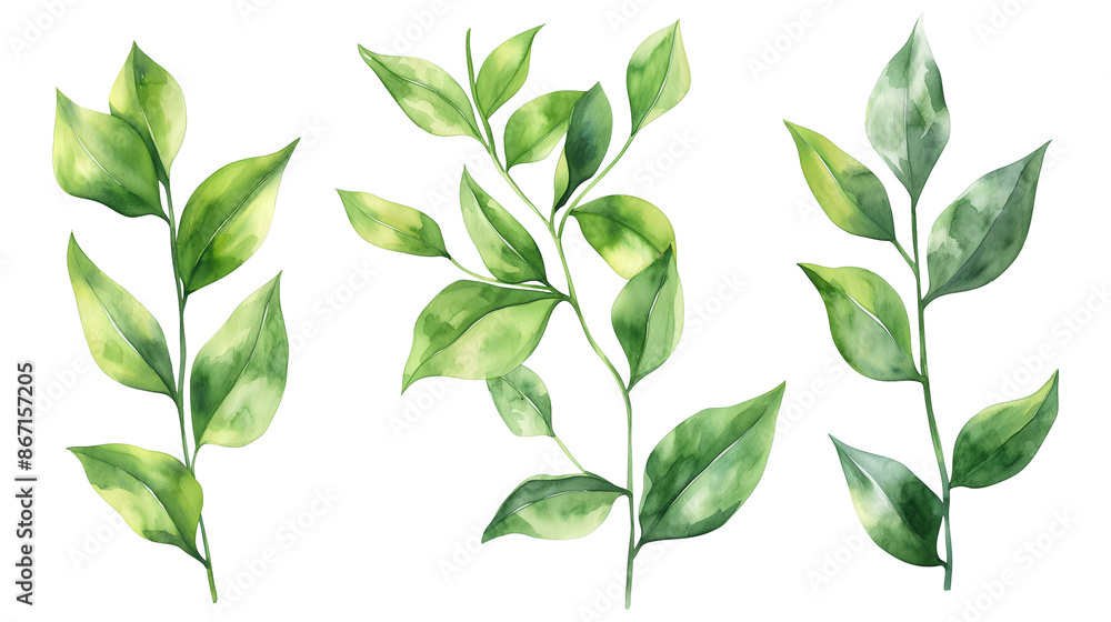 Detailed realistic green leaves on twigs isolated on a transparent background Detailed realistic green leaves on twigs isolated on a transparent background